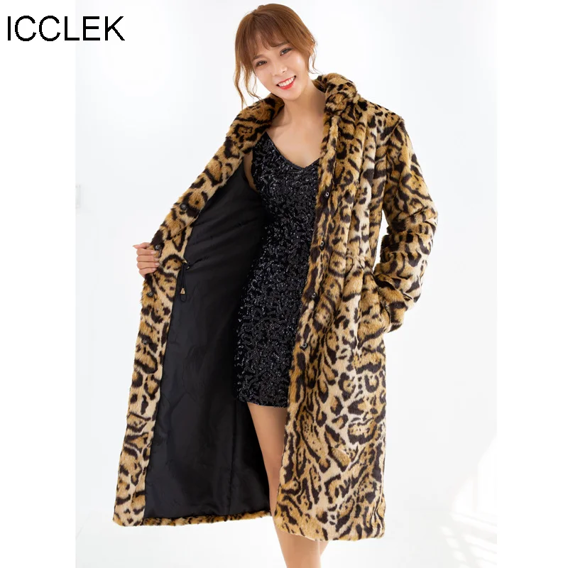 ICCLEK Large leopard fur coat Long female imitation mink Rex Rabbit Plush loose jacket Plush coat winter
