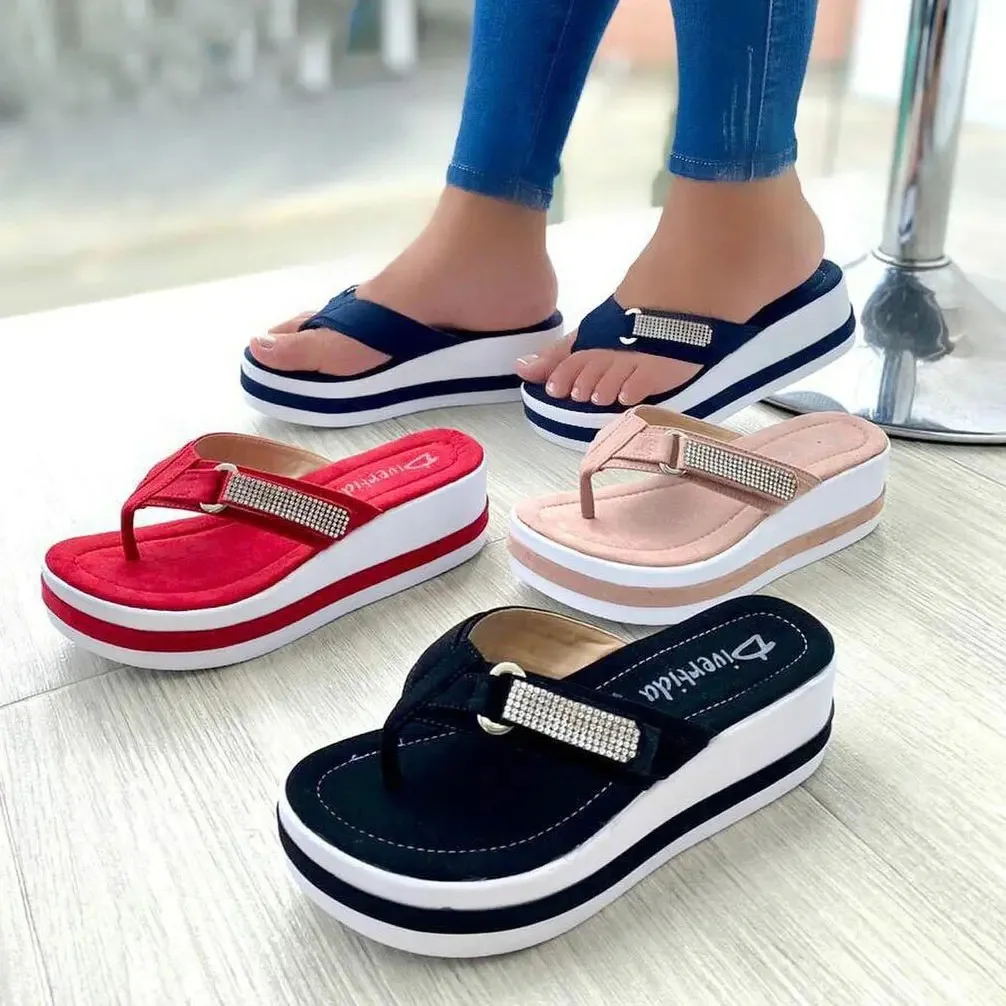 

Women's Shoes Rhinestone Sponge Platform Sandals Wedge Slippers Summer Flip Flops Women Flat Beach Slippersrty sandals slides