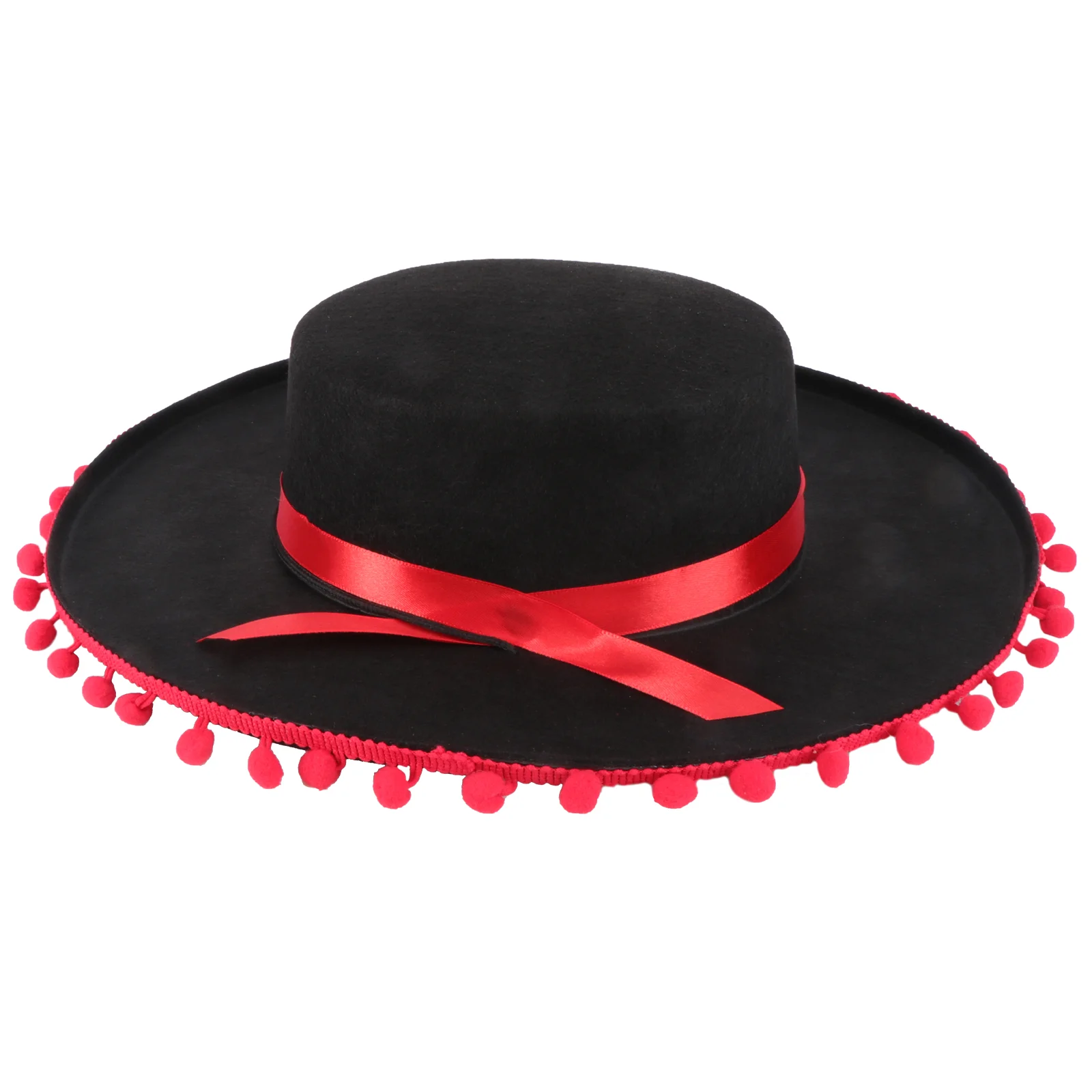 

Red Felt Mexican Hat Big Eaves Dancing Party Performance Hair Ball Ribbon Child