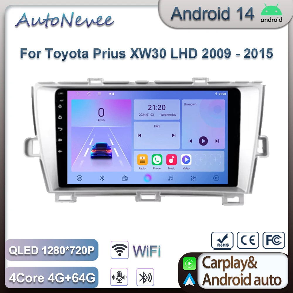 Android 14 для Toyota Prius XW30 LHD 2009-2015 Мультимедийный плеер Carplay Головное устройство Авто
