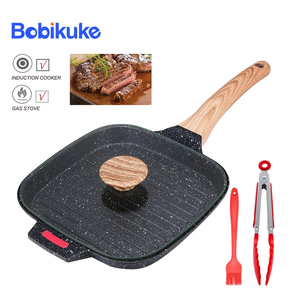 

Кухонная сковорода BOBIKUKE, не липкая, 10 дюймов, со стеклянной крышкой, сковорода для мяса, рыбы, стейка, завтрака, Индукционная универсальная г...