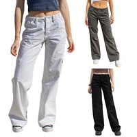 2022 women straight cargo pants zipper button closure casual street solid loose trousers with pockets streetwear