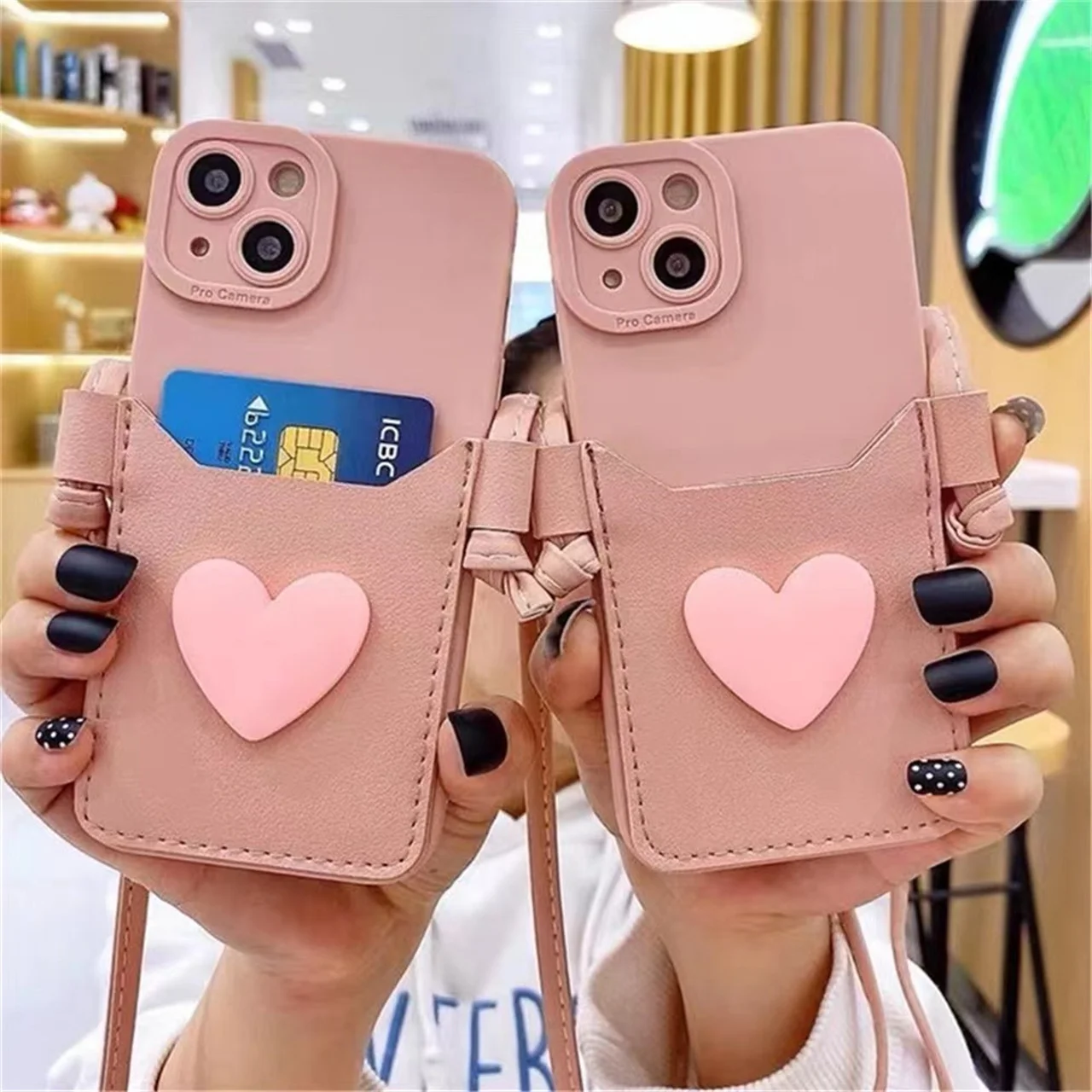 

3D Love Heart Case for iPhone 14 13 12 11 Pro Max X XS XR 7 8 plus Cover Luxury Ins Korean Crossbody Leather Lanyard Card Holder