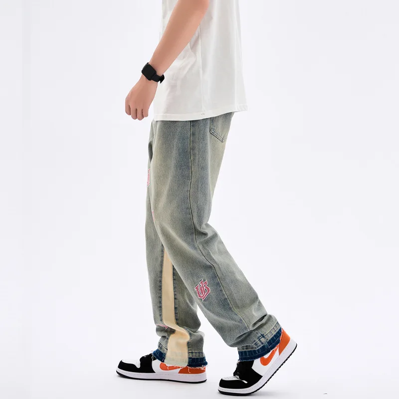American Retro High Street Patch Embroidered Jeans Men's Ins Street Vibe Style Hip Hop Street Casual Pants Brand Men's Clothing