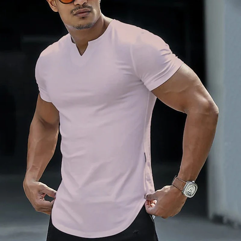 

Casual Slim Fit V Neck Short Sleeve Men T Shirt Sports Fitness Casual Skinny Solid Color Tees Spring Summer Mens Clothes Leisure