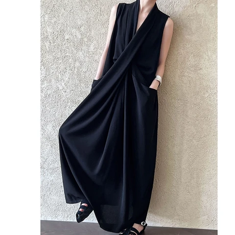 2025 женское летнее свободное винтажное длинное платье без рукавов с v-образным вырезом и карманом, элегантное платье макси, Vestidos, одежда