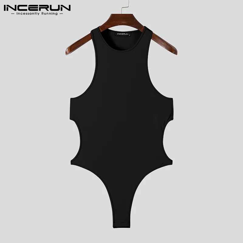 

2022 Men Bodysuits Underwear Solid Color O-neck Sleeveless Hollow Out Rompers Pajamas Skinny Sexy Men's Bodysuit S-5XL INCERUN