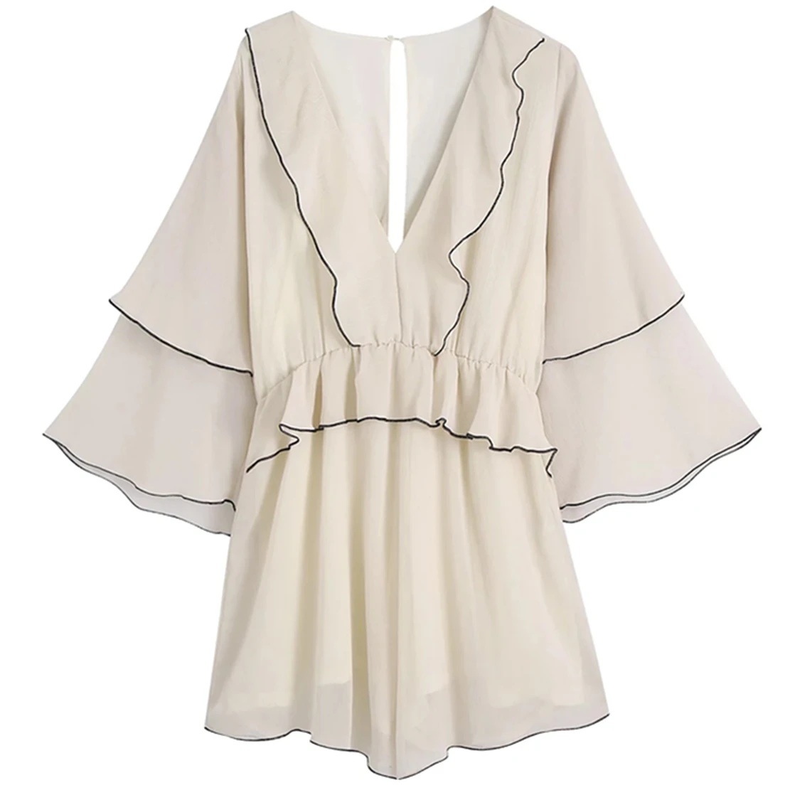 

Maxdutti 2022 Summer England Style Office Lady Fashion Elegant Cascading Ruffles Flare Sleeve V-neck Loose Playsuits Women