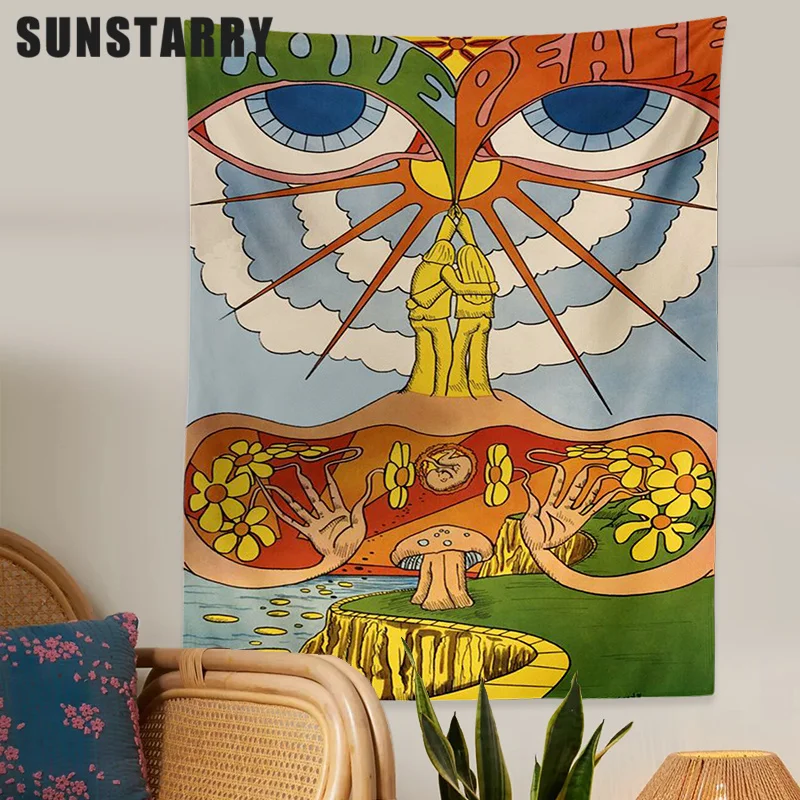 

Гобелен настенный в стиле ретро, гобелены с рисунком грибов, солнца, сердца, цветов, в стиле хиппи, бохо, украшение для спальни