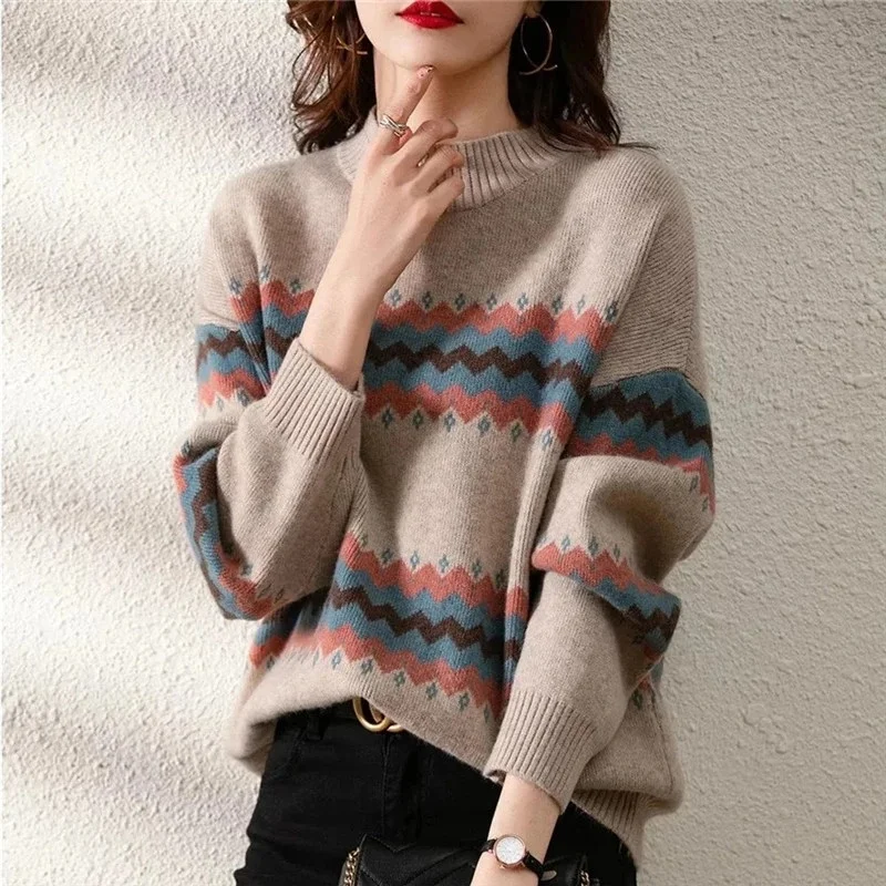 

Женский трикотажный свитер в полоску, с круглым вырезом