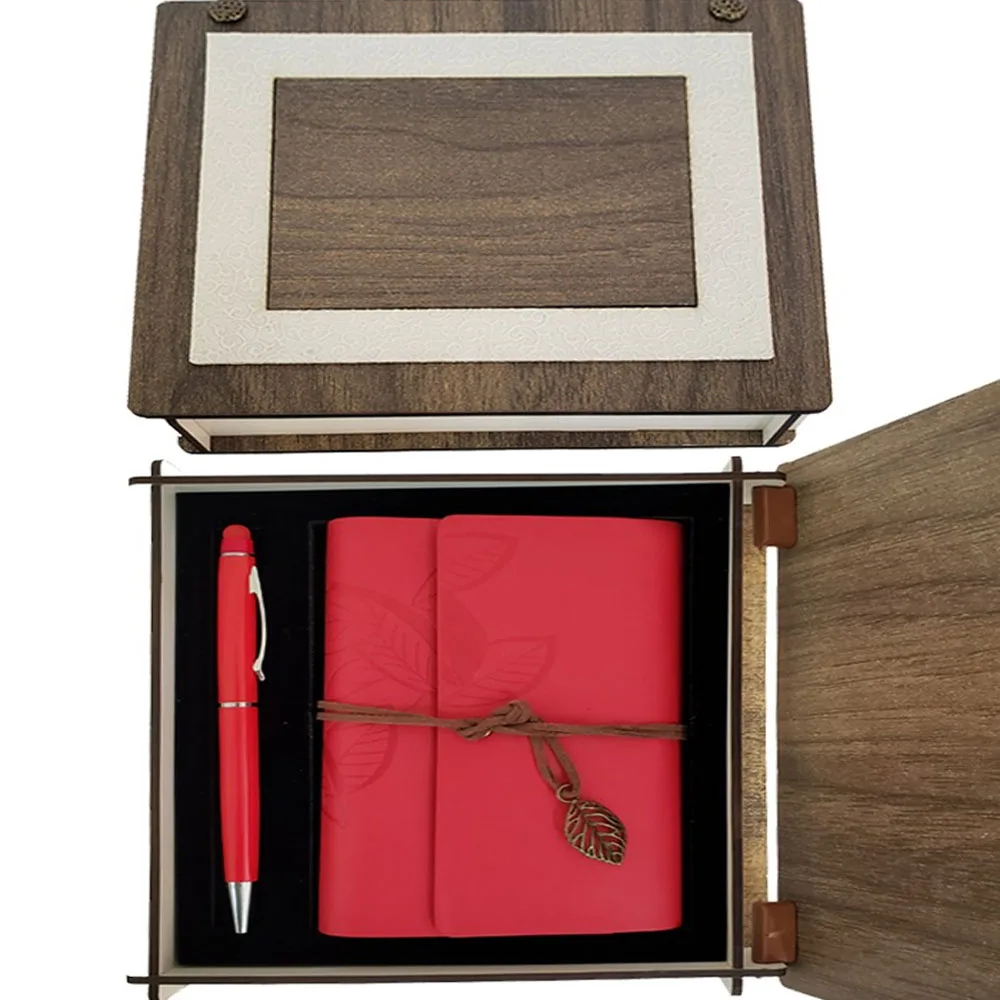 

Red leather notebook and pencil Set with custom wooden box