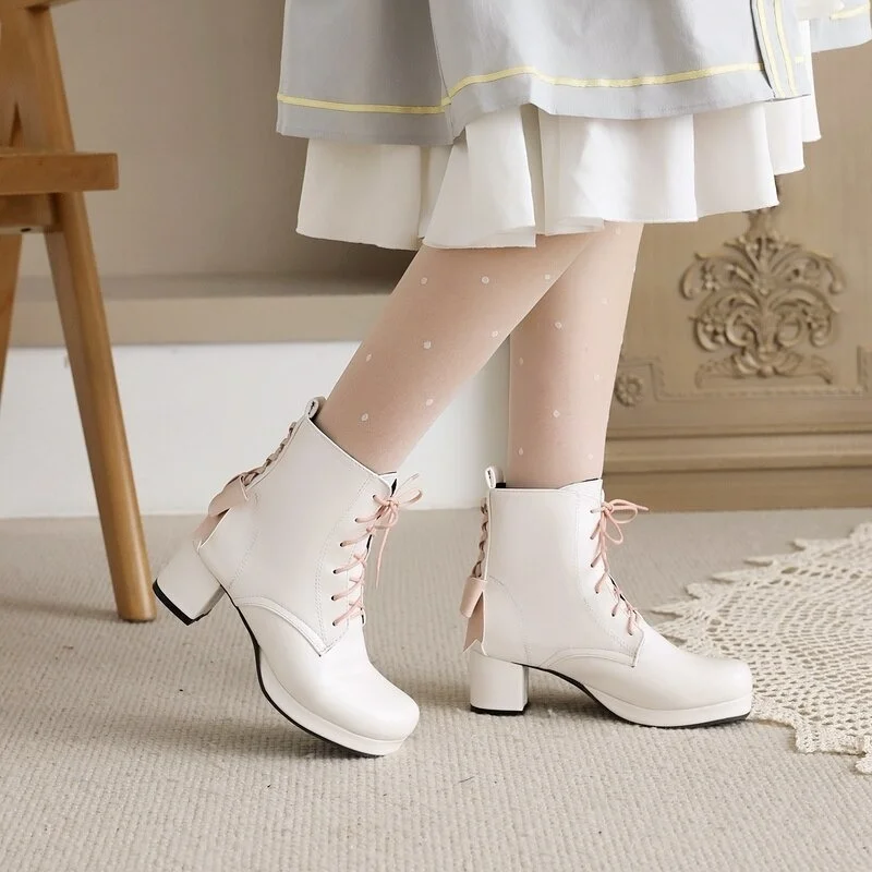 Ladies Lolita Short Boots Autumn Winter Fashion Bow Knot Ankle Boots Female Sweet Lace up Square High Heel Women Spring and Fall