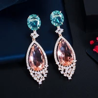 threegraces delicate champagne cubic zirconia water drop shape long dangle earrings for women brazilian fashion jewelry er878