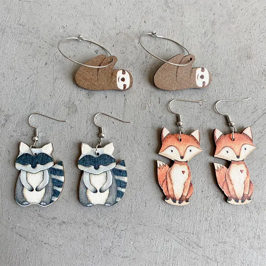 Cute Wooden Sloth Raccoon Fox Drop Earrings for Women Whimsical Woodland Animal Statement Earrings Jewelry Wholesale