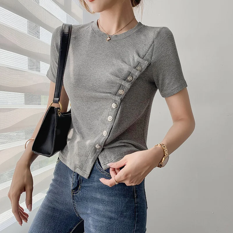 

Cotton Slim Fit Women's T-shirt Summer Sexy Top Folds Elasticity Short Sleeve 2022 New Tees Fashion Female O-Neck Casual Clothes