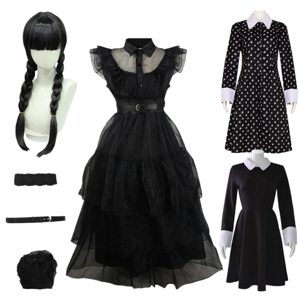 

Movie Wednesday Addams Cosplay Dress Girl Kids Wednesday Cosplay Costume Women Dresses Clothes Wig Suit Halloween Costumes