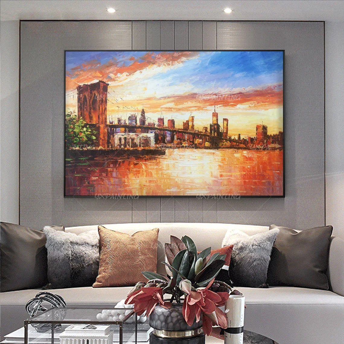 

New York Brooklyn Bridge Cityscape Original Painting on Canvas, Hand Painted Bedroom Home Decor