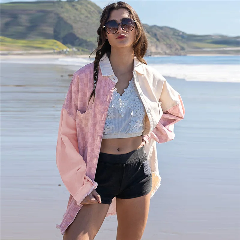 

Autumn Long Sleeve Denim Coat 2022 New Fashion Patchwork Ladies Jacket Streetwear Casual Loose Check Fringe Women Jean Jackets