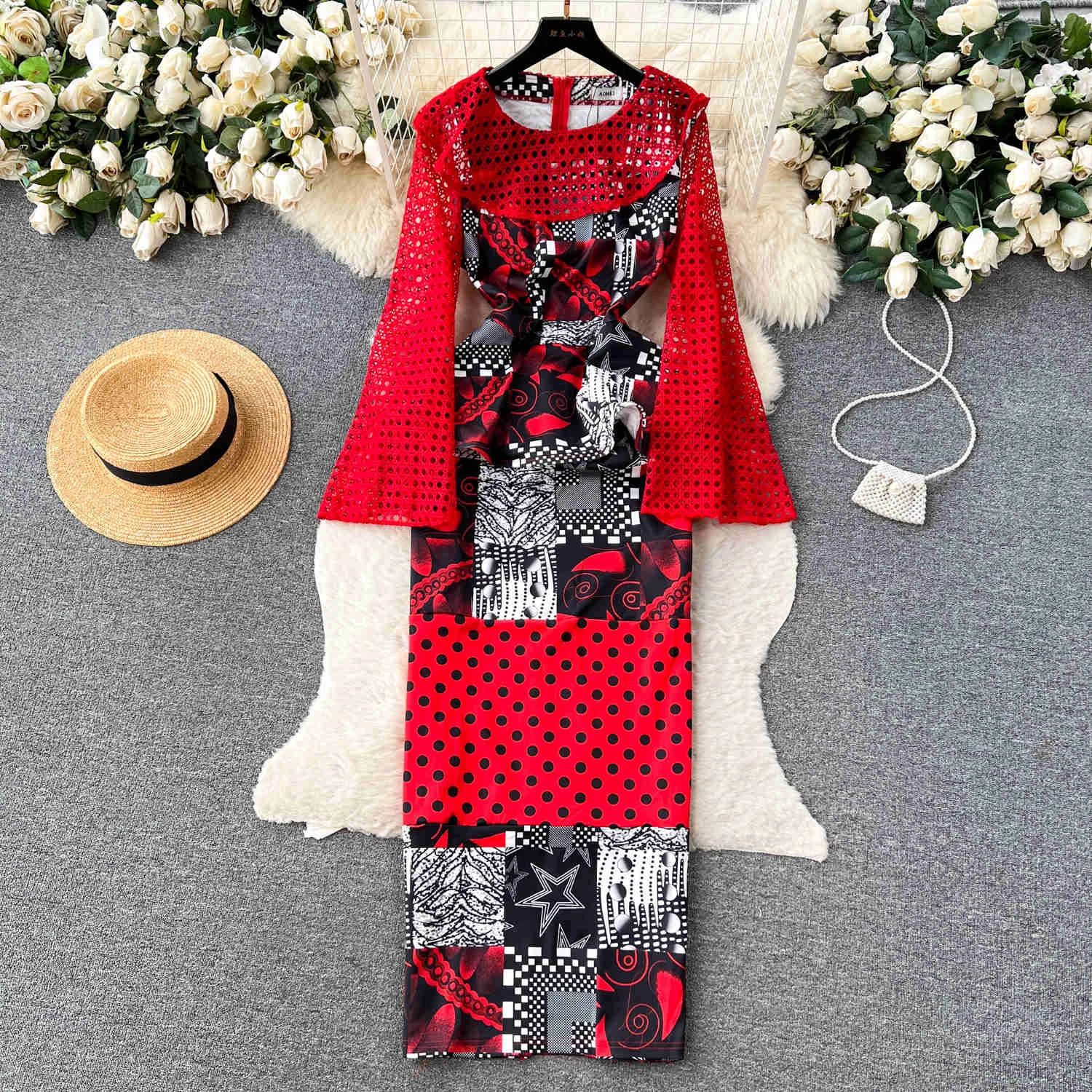 

2023 Autumn Fashion Printed Maxi Dress Women Sexy Hollow Out Flare Sleeve O Neck Ruffles Peplum Long Party Bodycon Vintage Dress