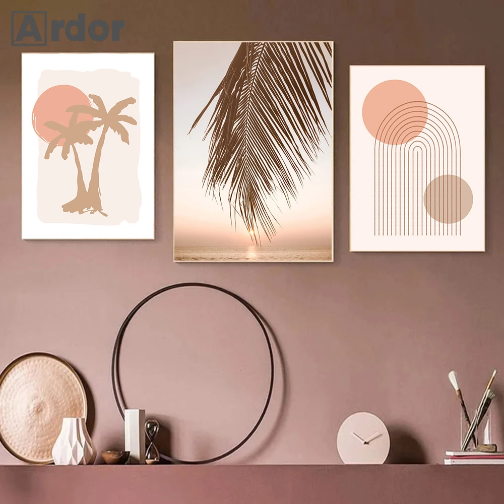 Абстрактный постер на холсте в стиле бохо с изображением солнца пальмовых
