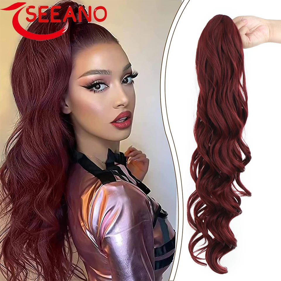 SEEANO Synthetic Drawstring Ponytail Long Wavy Ponytail Hair Synthetic Clip in Hairpiece Black Wave Ponytail for Black Women