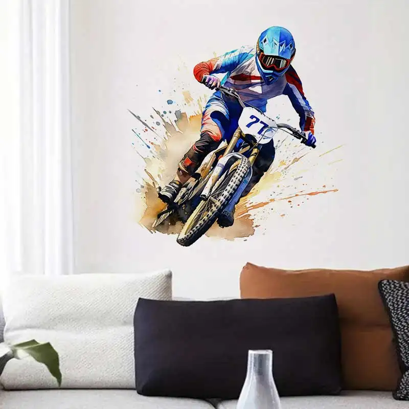 Фото Мотокросс акварель Dirt Bike Rider настенные наклейки гостиная диван фон для домашнего декора комната для мальчиков художественные наклейки наклейка M1495 №1