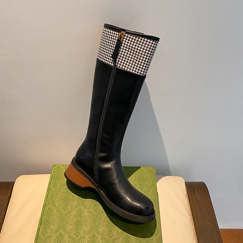 

Winter Women's Shoes 2022 New Plaid High Boots Stitching Fashion Boots Elegant Fashion Boots Thick Heel