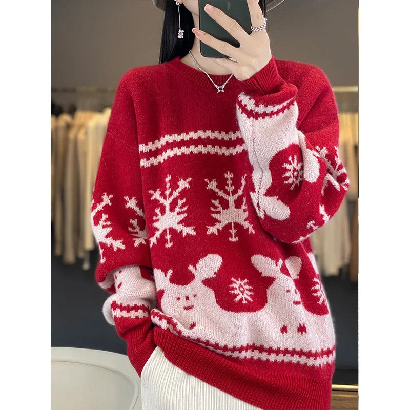 2025 рождественские утепленные женские свитера из 100% шерсти зимний вязаный