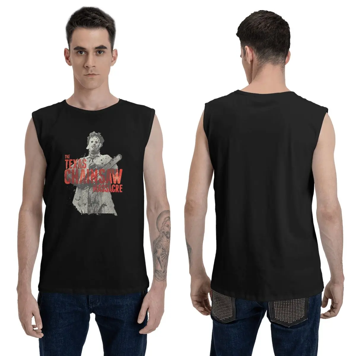 Майка с изображением техасской бензопилы и кожевенного лица |