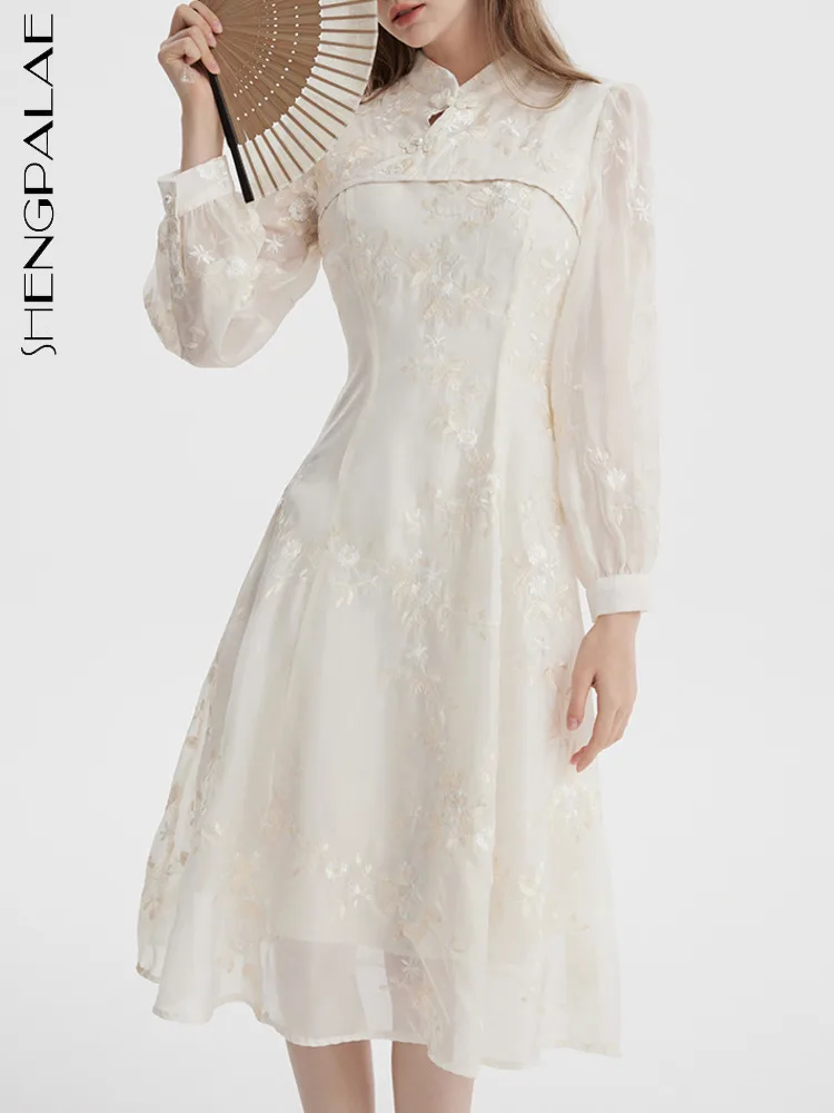 

SHENGPALAE платье Чонсам в китайском стиле для женщин 2023 осеннее Новое Элегантное ТРАПЕЦИЕВИДНОЕ ПЛАТЬЕ с воротником-стойкой и длинным рукавом 5R6039