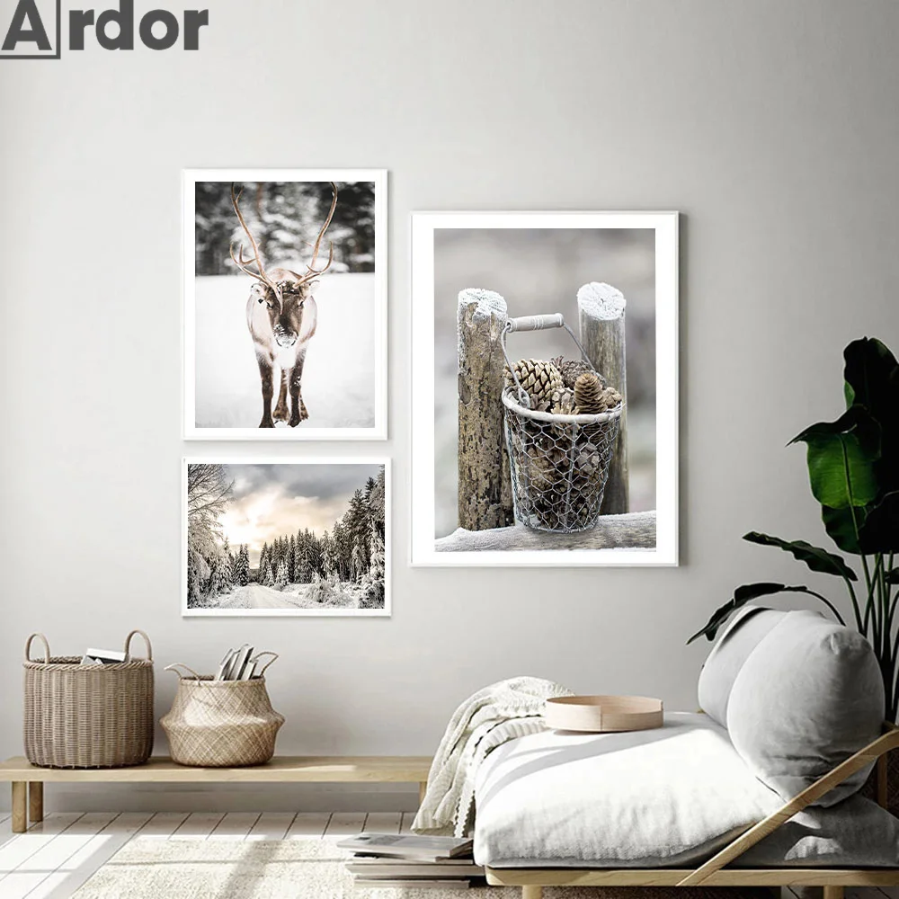 Winter Snow Tree Pine Wall Art Poster Reindeer Prints Canvas Painting House Car Posters Nordic Pictures Living Room Decor