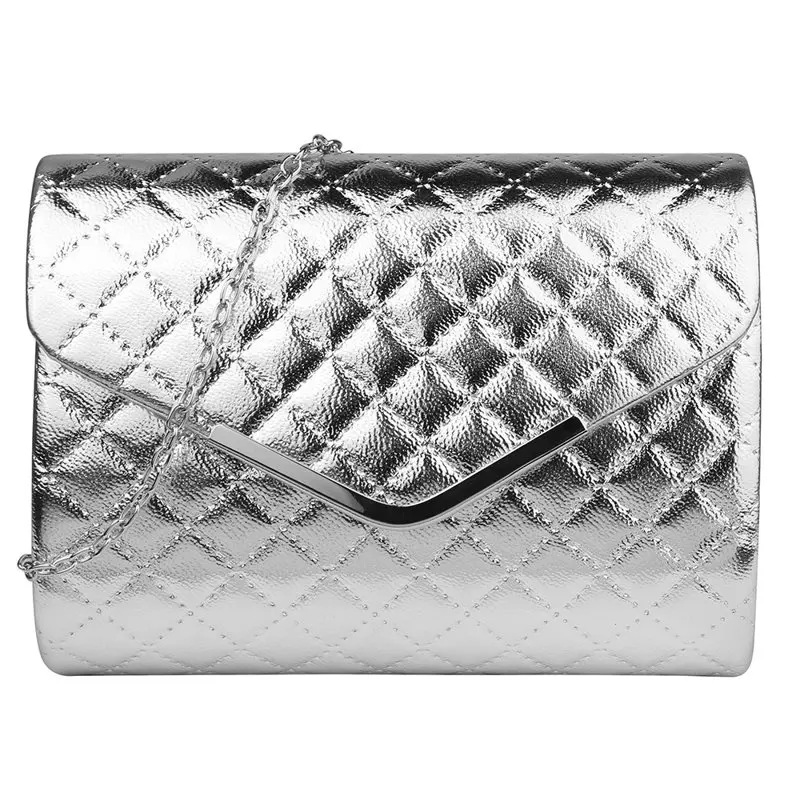 Quilted Texture Clutch Bag with Silver Chain Shoulder Strap for Women Travel Organization