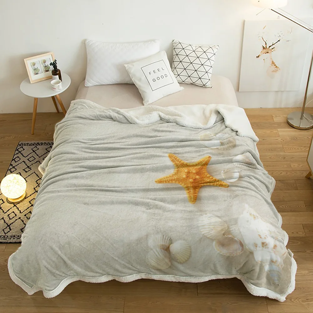 

Seashells Conch Starfish Beach Sand Lamb Cashmere Fleece Blanket Home Bed Sofa Winter Sherpa Bedding Kids Thick Bedspread