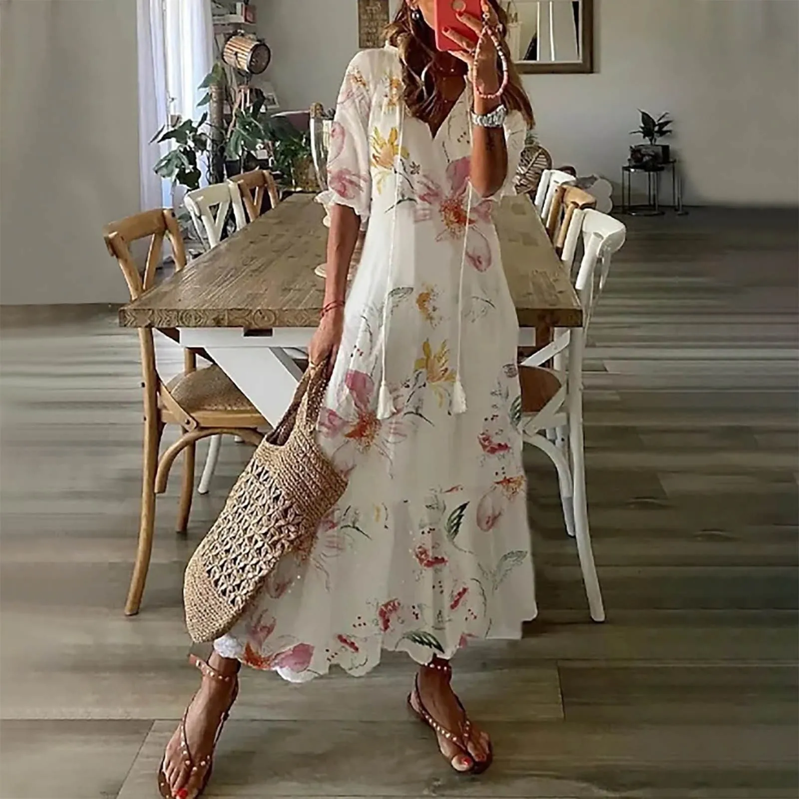 

Formal Maternity Dresses New Women's Medium And Long Sleeve Dress With Tassels Wide Bohemian Print V Neck Dresses Casual Summer