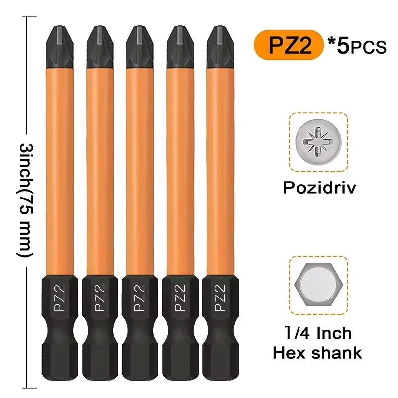 5 шт. Набор ударных отверток PZ2 75 мм отвертка Pozidriv 1/4 дюйма шестигранный хвостовик