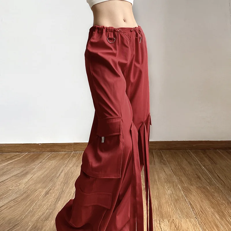 

Women's y2k Harajuku Vintage Jogging PantsChic Fashion Red Pants Cargo Pockets Patchwork Drawstring Casual Pants