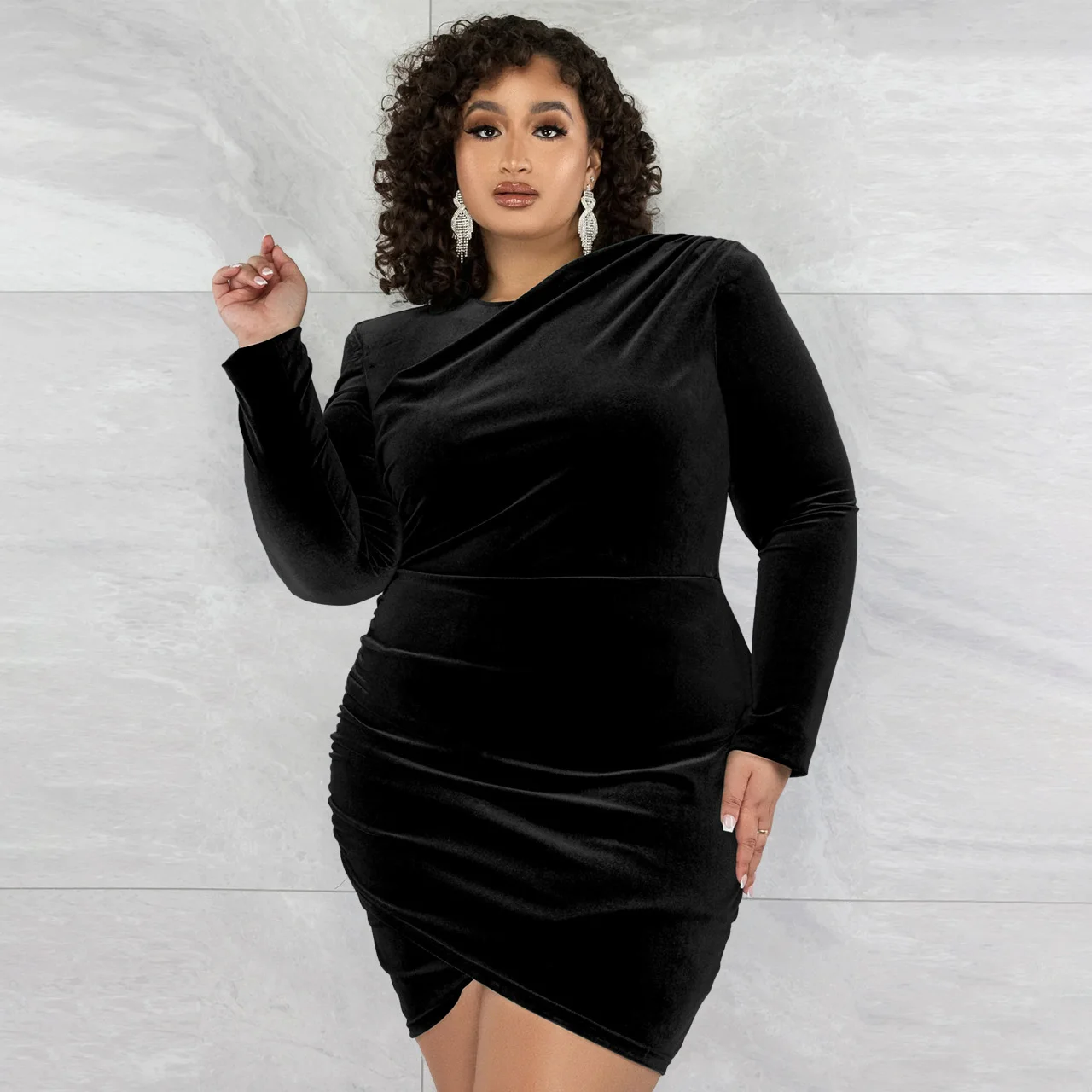 Women Plus Size Elegant Dresses 2023 Spring Casual Solid Color Pleated Daily Large Size Dress Fashion Long Sleeve Party Dresses