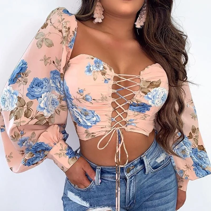 

Women Elegant Fashion Summer Top Casual Floral Plunge Long Sleeve Cropped Blouse Floral Drawstring Lace-up Blouse