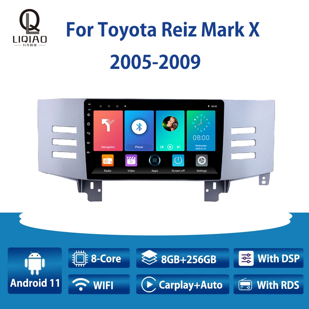 

Автомагнитола LIQIAO 2 Din, мультимедийный видеоплеер для Toyota Reiz Mark X 2005-2009, навигация GPS, DVD, головное устройство, Android 11 DSP BT