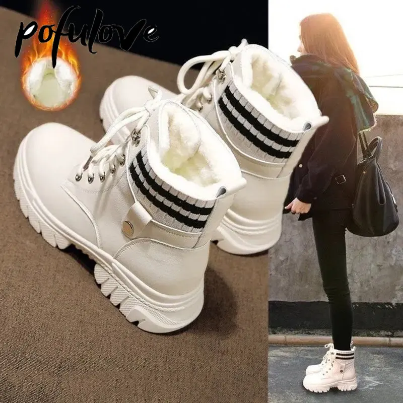 

Pofulove Women's White Black Thickened Ankle Boots Women's Shoes Plush Warm Snow Boots Winter Fur Shoes Zapatos De Mujer