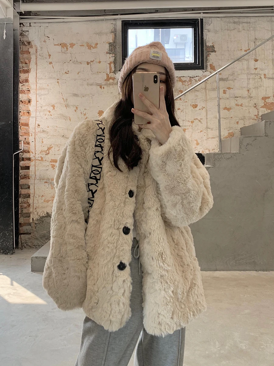2022  Women Winter Faux Fur Warm Coat Long Sleeve Female Fashion Thick Slim Fake Coat Casual Loose Oversize Outwears H07