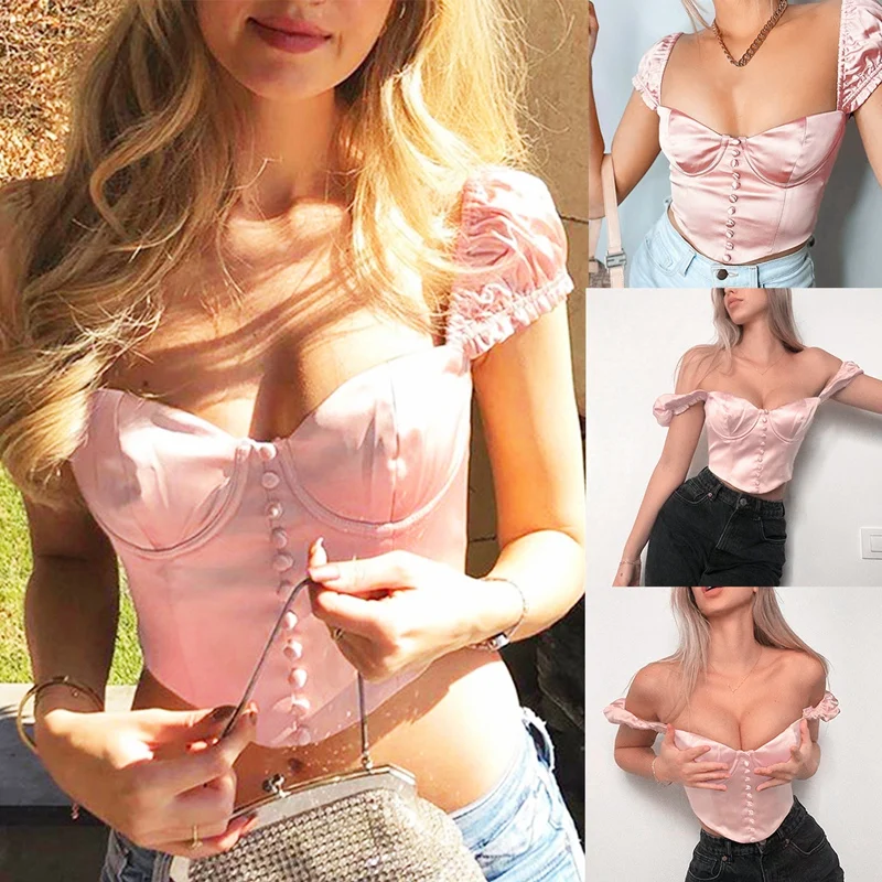 

Women's Fashion Square Collar Puff Sleeve Cloth Buckle Wrap Chest Top Pink