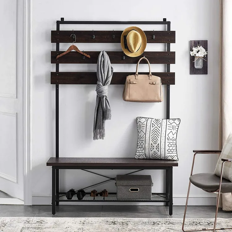 

modern simple style open multifunctional wooden wall hanging shoe rack with coat hanger