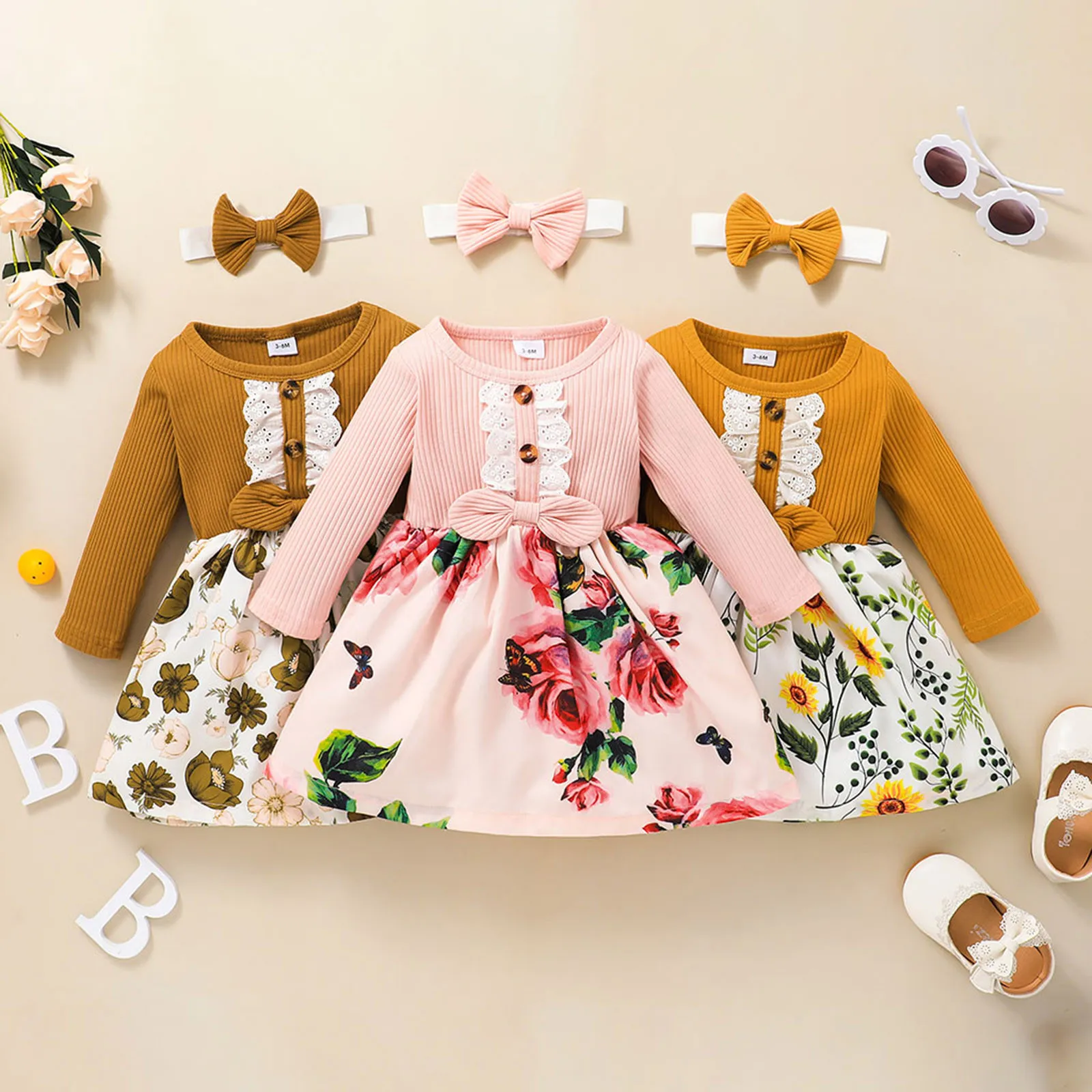 

Girl Clothes Vintage Bow Dress Splice Party Princess Baby Floral Toddler Kid Ribbed Ruffled Girls Girls Dress&Skirt