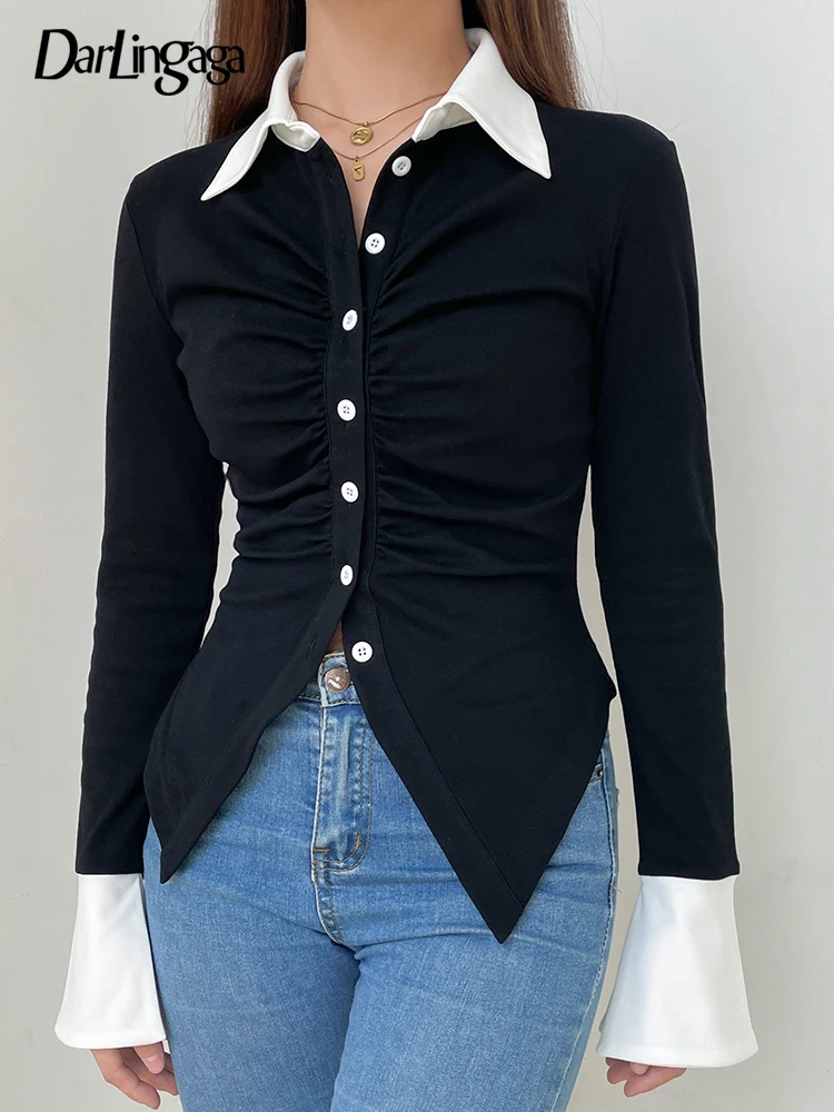 

Darlingaga Elegant Stitched Ruched Black Women's Shirts Tee Flare Sleeve Fashion Buttons Cardigan Top Slim Folds French T-shirts