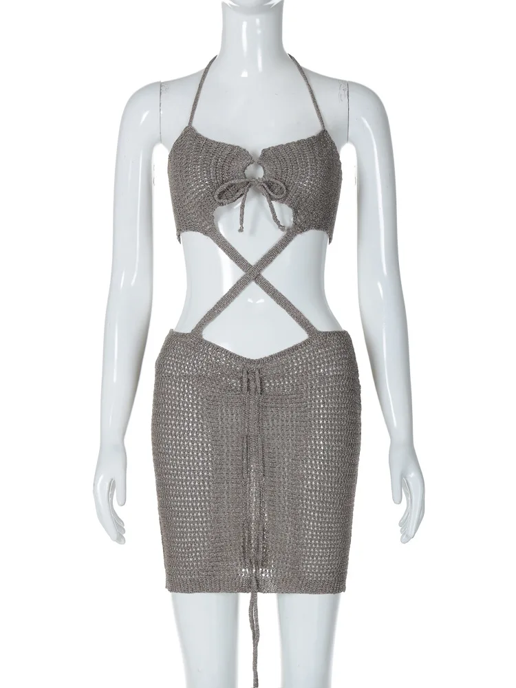 Женское сексуальное вязаное крючком облегающее мини-платье с перекрестными