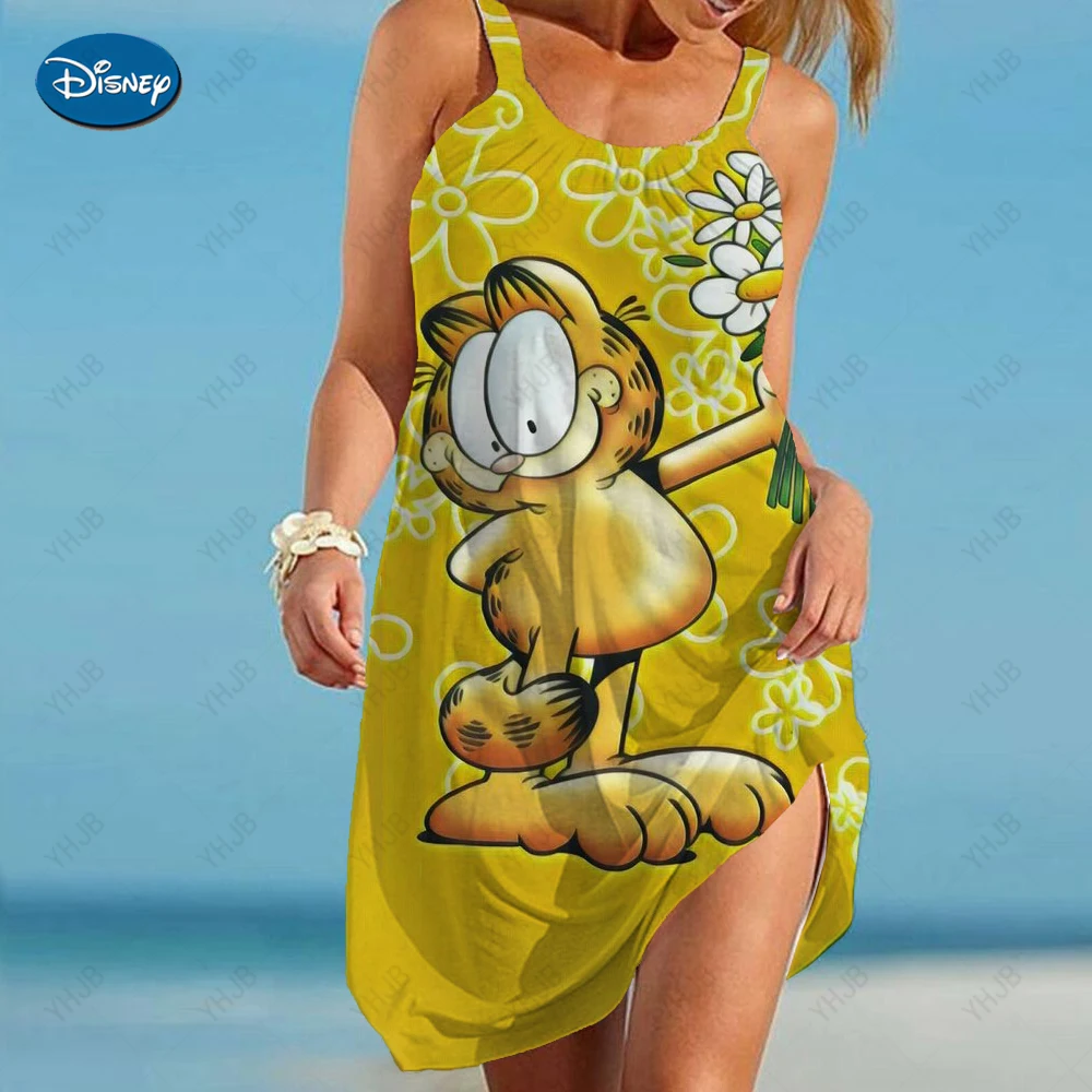 

Стильное купольное женское летнее платье, мини-платье с принтом Гарфилда, короткое, без рукавов, на бретелях, повседневное, Пляжное Платье