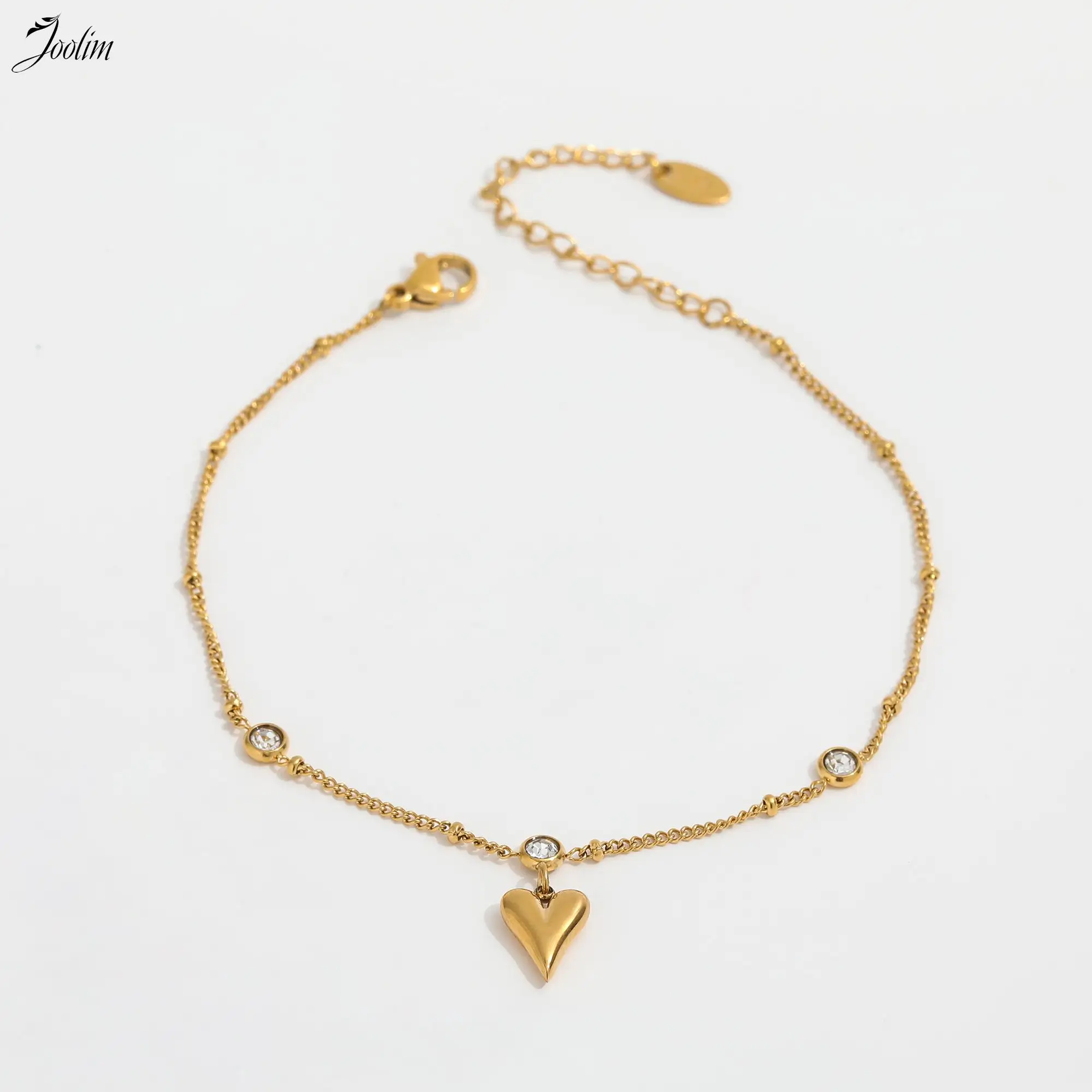 

Joolim Jewelry Wholesale PVD Wholesale Cute Delicate Elegant Peach Heart Round Zircon Pendant Stainless Steel Anklet for Women