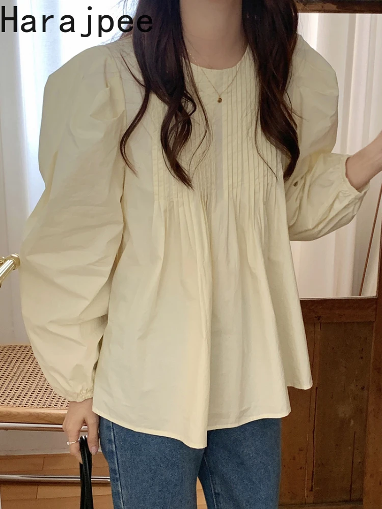 

Harajpee Round Neck Puff Sleeve Shirt Spring New 2022 Korean Style Chic Solid Loose Pleated Pullover Women Casual Simple Tops