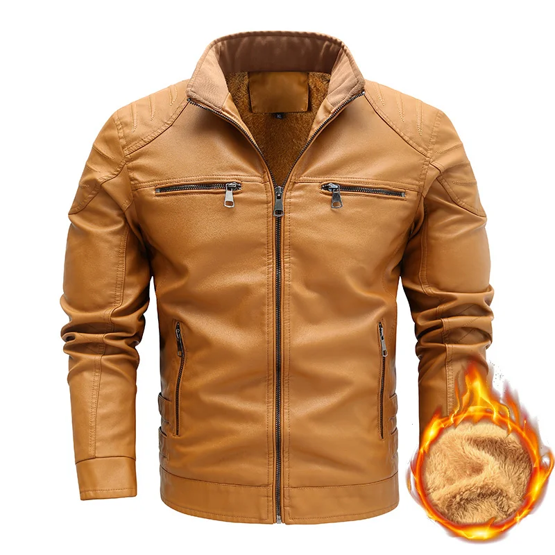 

2023 New Men Winter Leather Jacket Stand Collar Fleece Motorcycle PU Jacket Men Casual Warm Biker Leather Coat